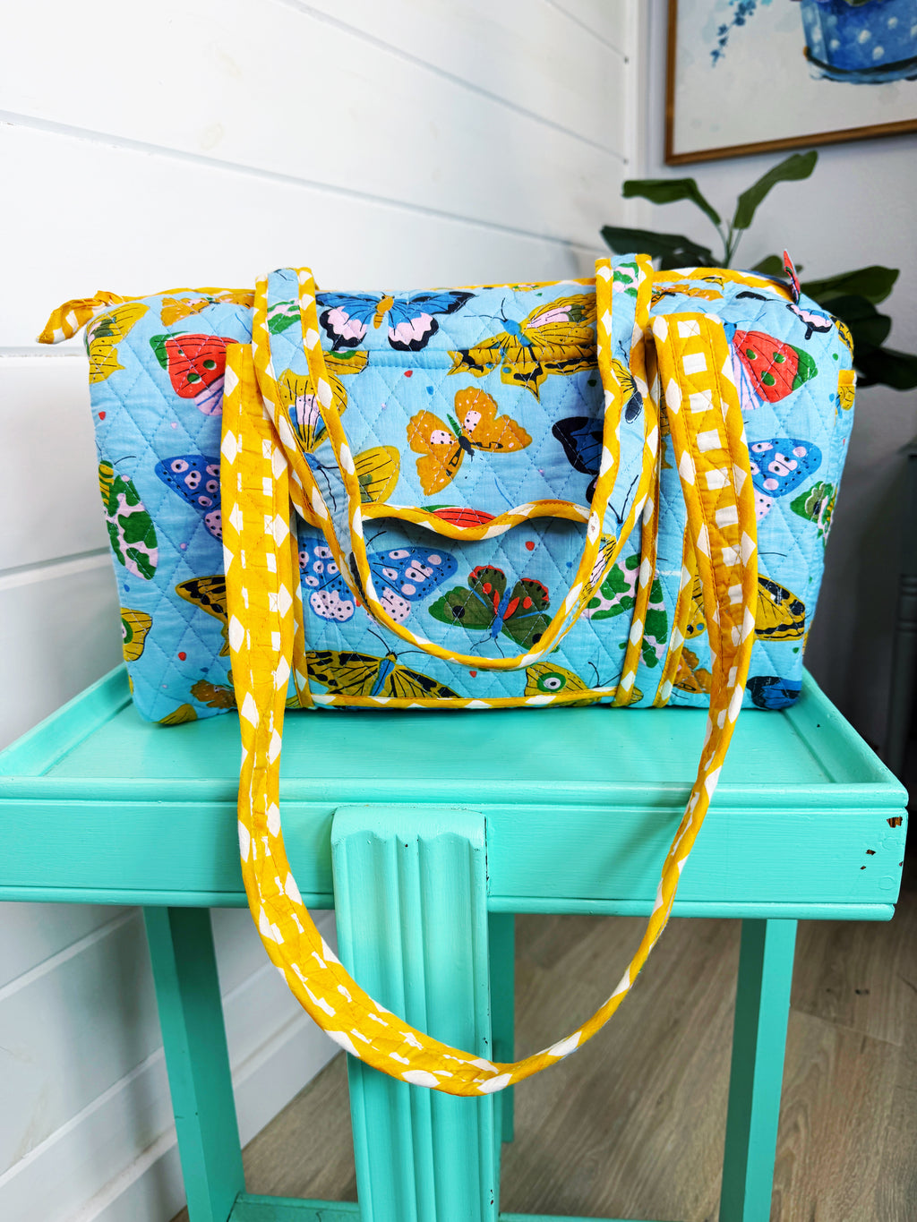 Quilted Mini Duffle Bag - Blue Butterfly