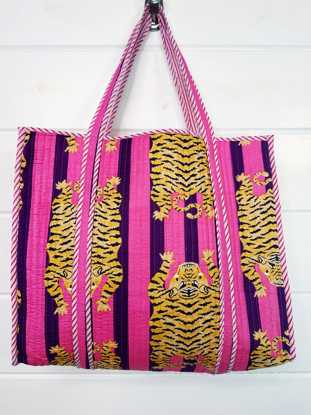 Quilted Cotton Reversible Large Tote Bag - Pink and Purple Tiger Striped