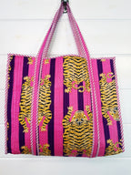 Quilted Cotton Reversible Large Tote Bag - Pink and Purple Tiger Striped