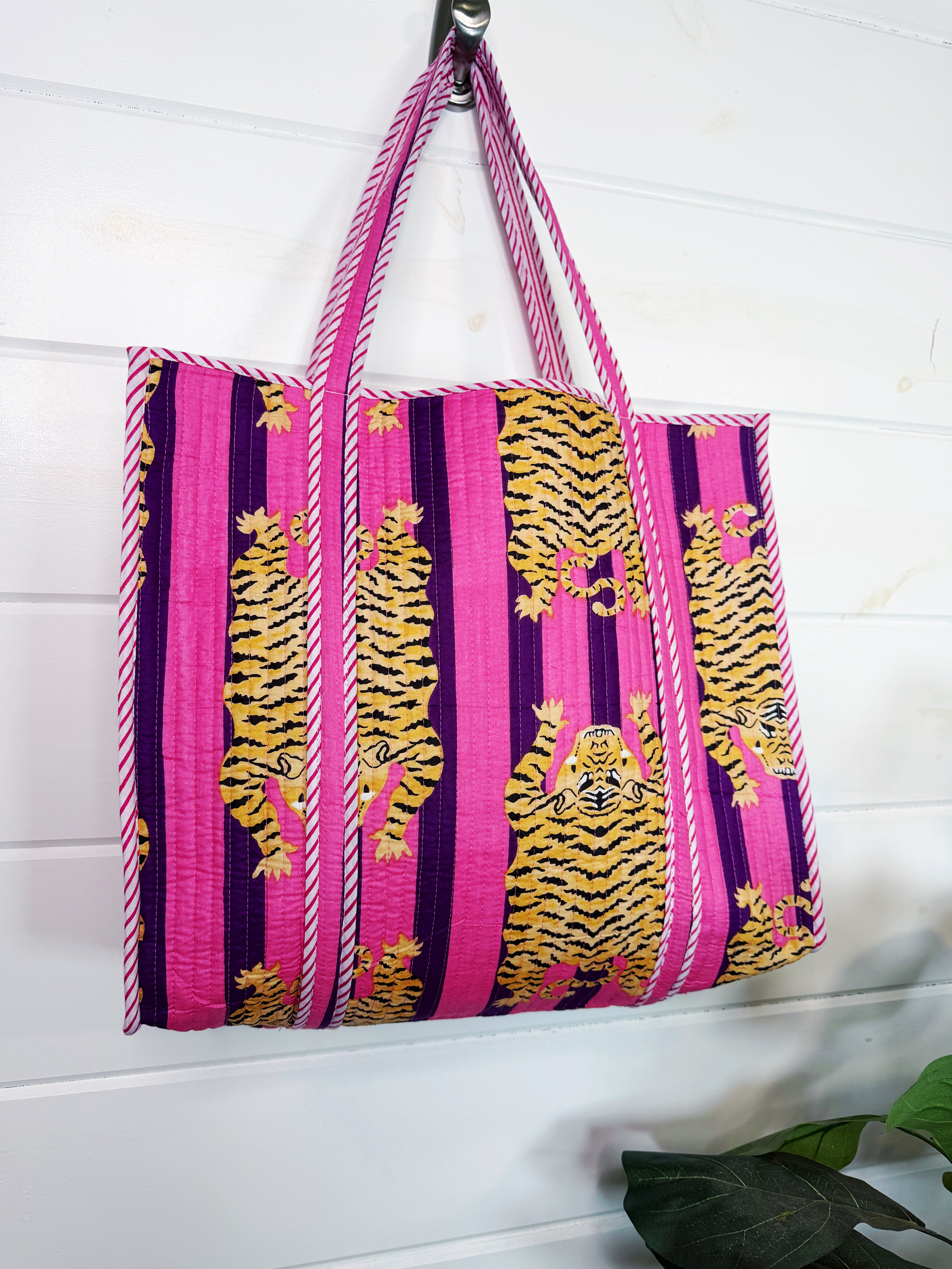 Quilted Cotton Reversible Large Tote Bag - Pink and Purple Tiger Striped