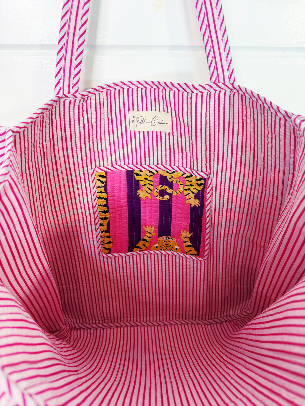 Quilted Cotton Reversible Large Tote Bag - Pink and Purple Tiger Striped