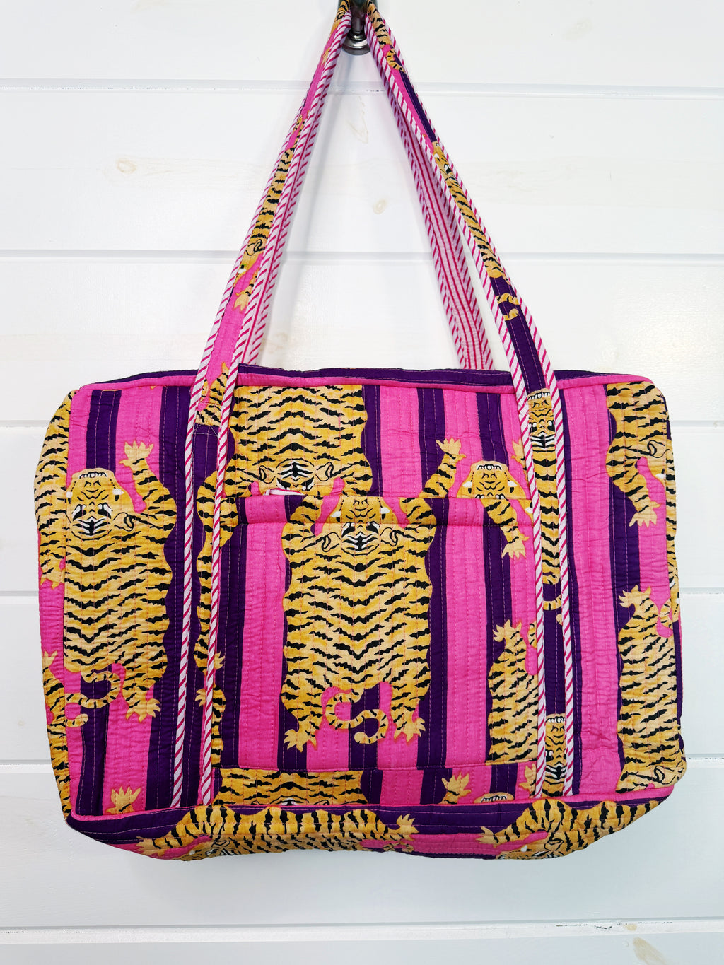 Quilted Weekender Duffle Overnight Bag - Pink and Purple Tiger Striped