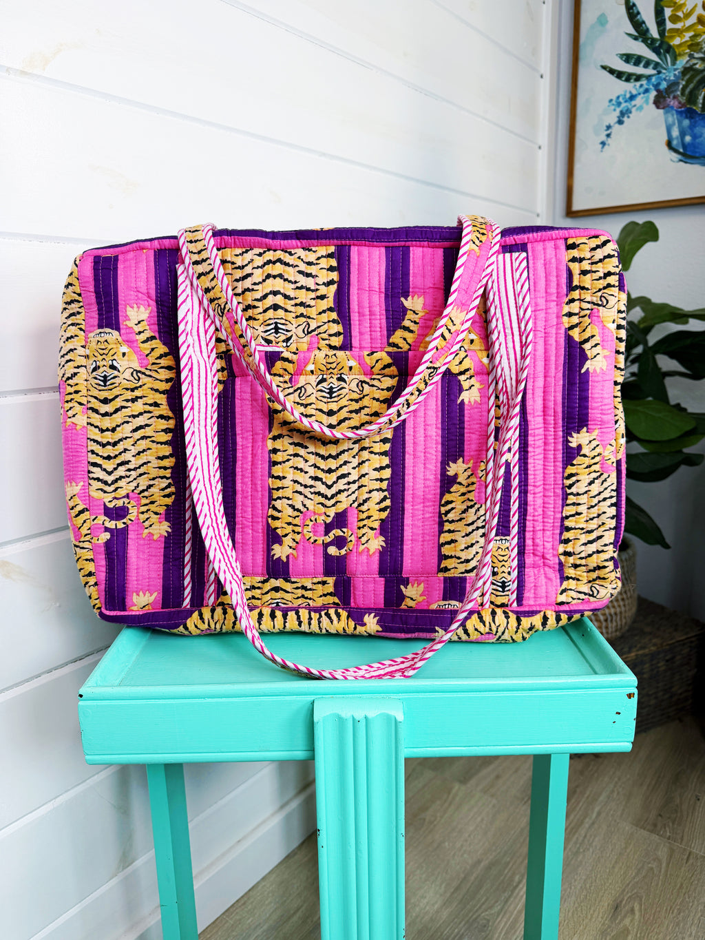 Quilted Weekender Duffle Overnight Bag - Pink and Purple Tiger Striped