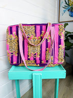 Quilted Weekender Duffle Overnight Bag - Pink and Purple Tiger Striped