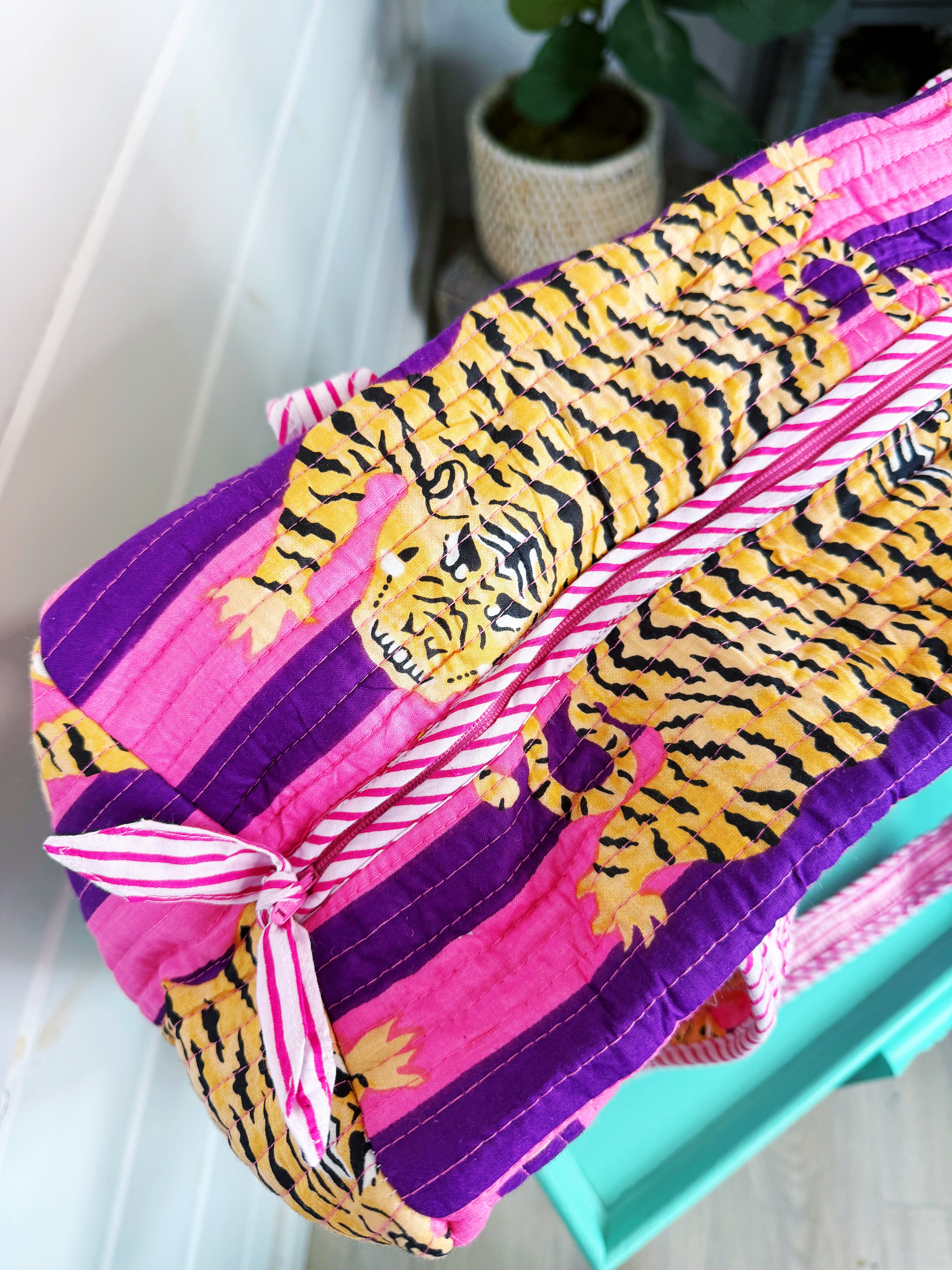 Quilted Weekender Duffle Overnight Bag - Pink and Purple Tiger Striped