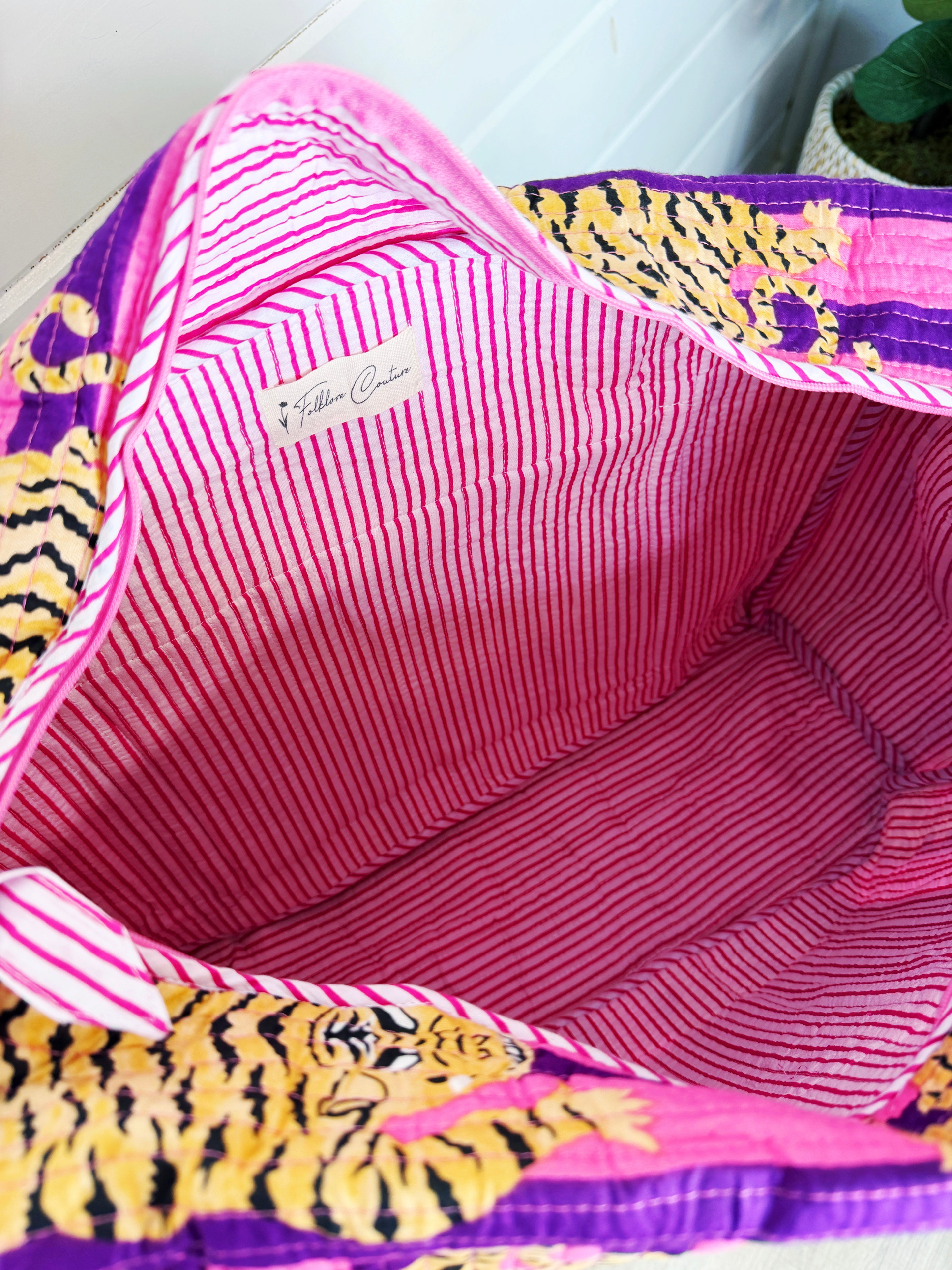 Quilted Weekender Duffle Overnight Bag - Pink and Purple Tiger Striped