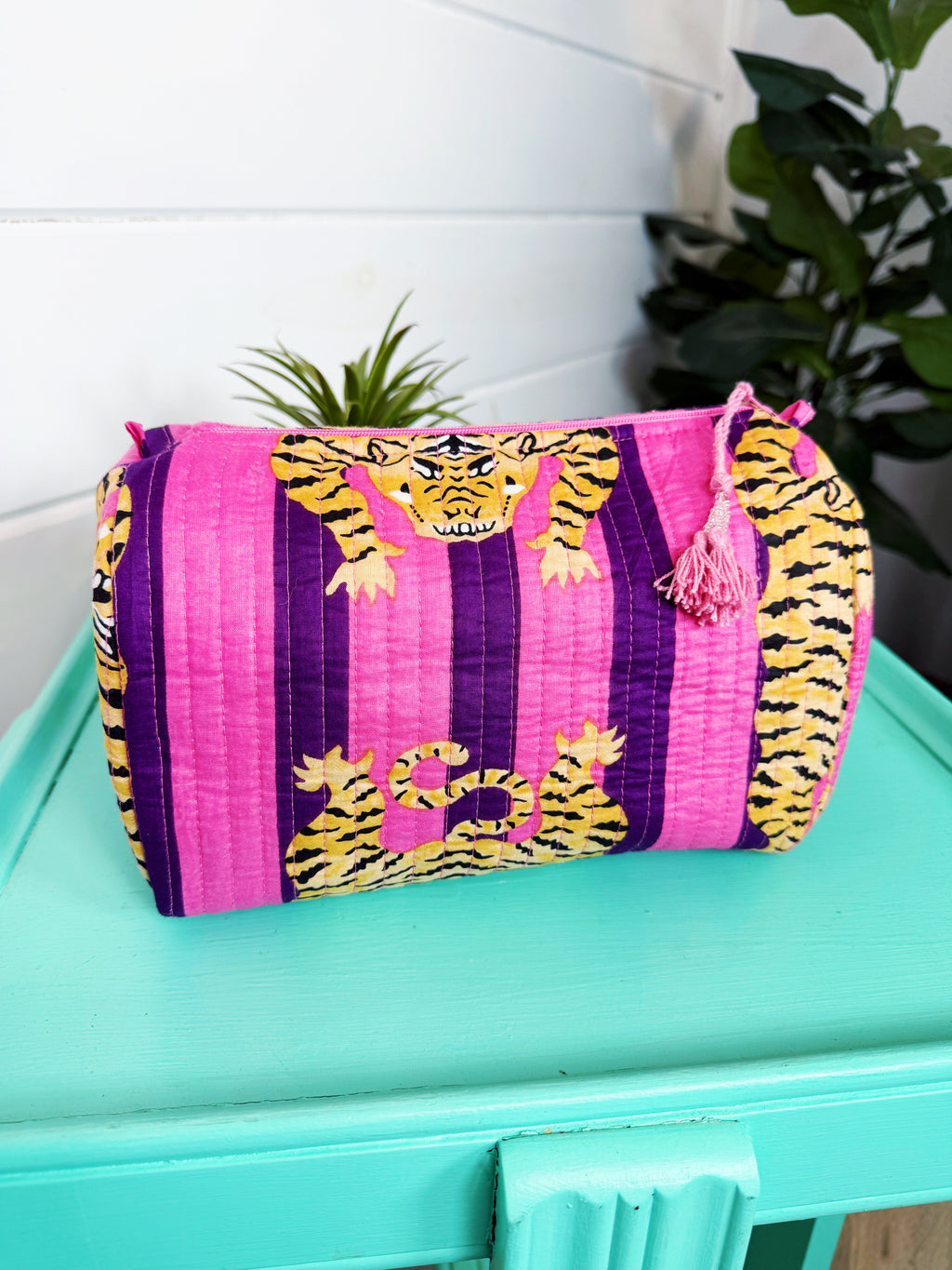 Quilted Makeup Cosmetics Toiletry Bag - Pink and Purple Tiger Striped