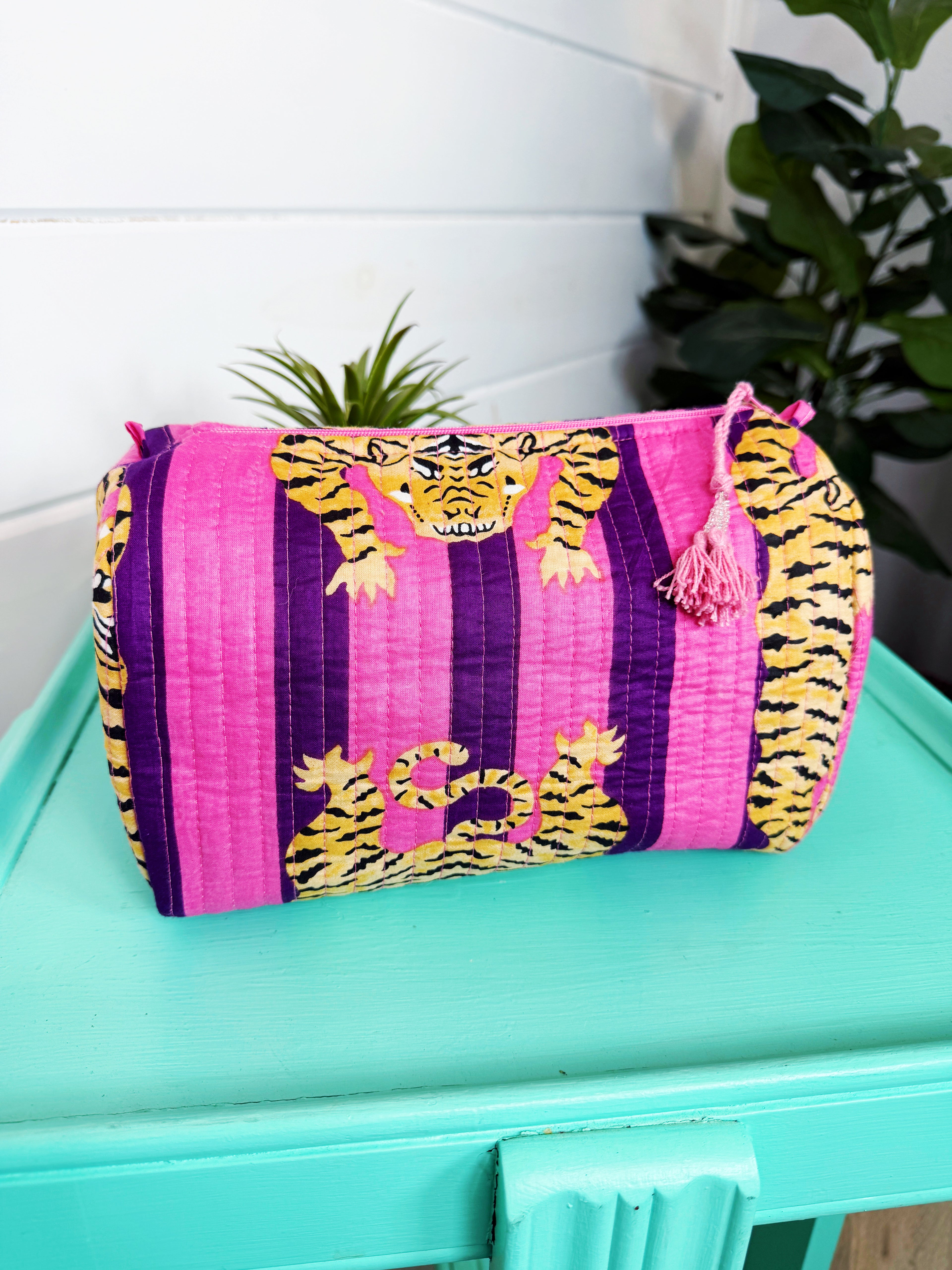 Quilted Makeup Cosmetics Toiletry Bag - Pink and Purple Tiger Striped