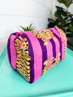 Quilted Makeup Cosmetics Toiletry Bag - Pink and Purple Tiger Striped