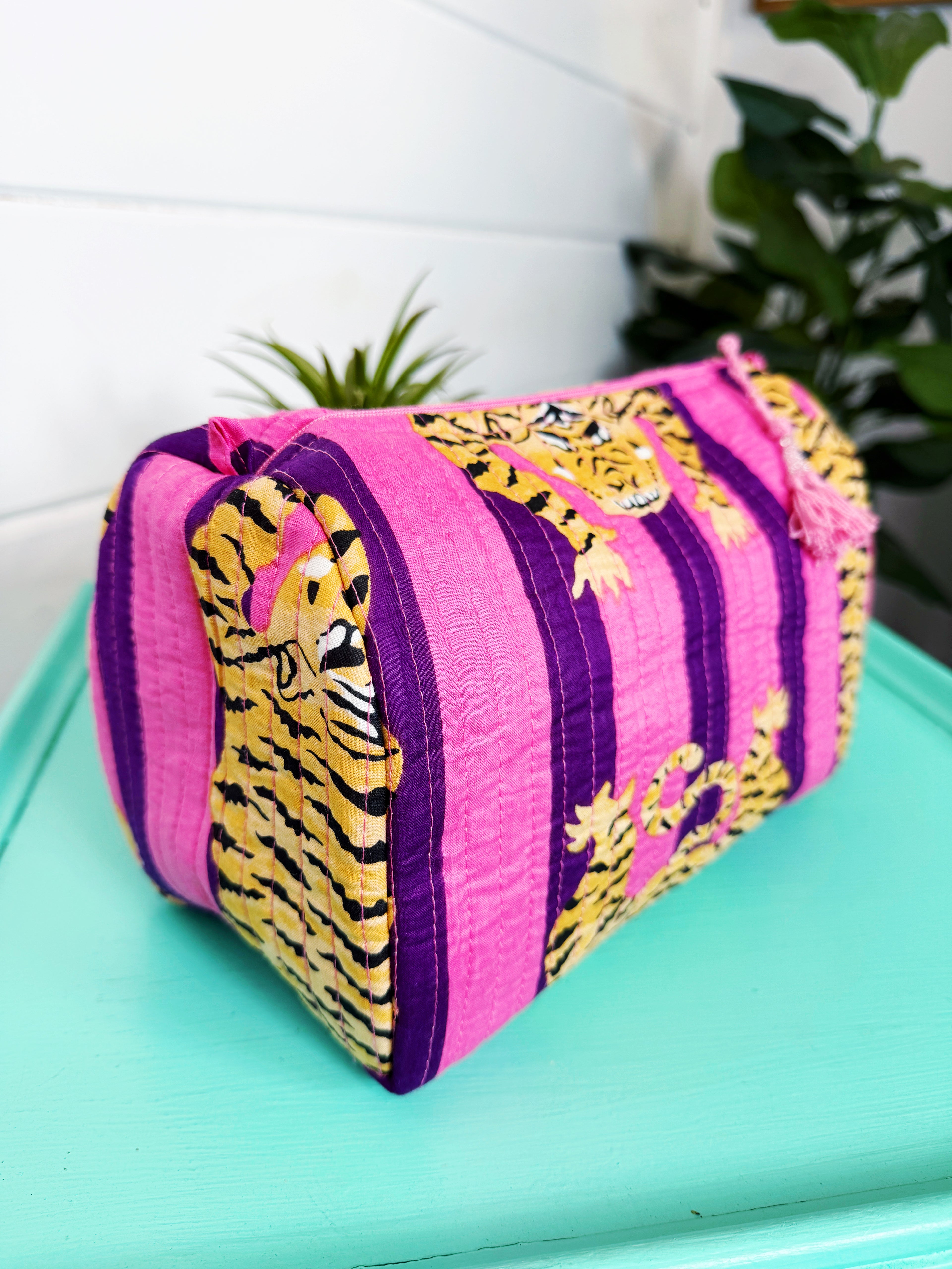 Quilted Makeup Cosmetics Toiletry Bag - Pink and Purple Tiger Striped