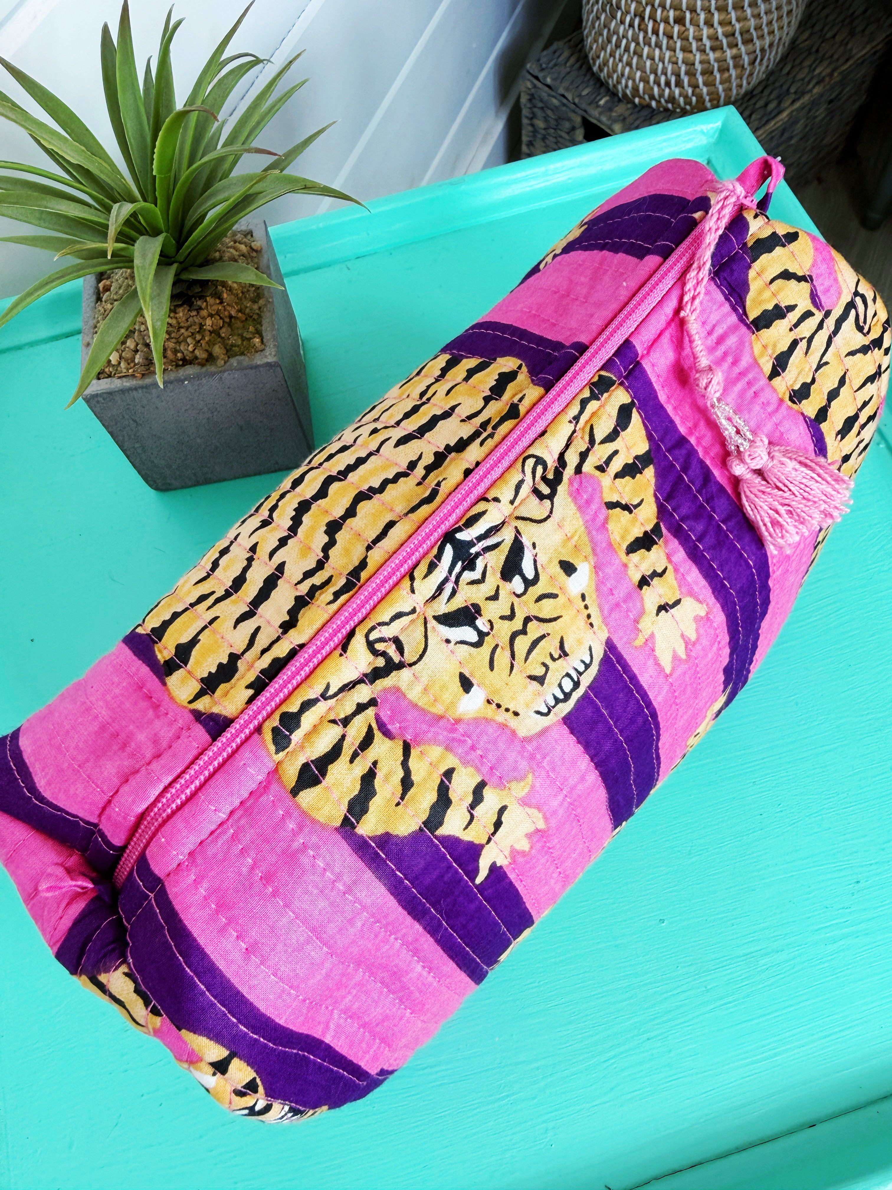 Quilted Makeup Cosmetics Toiletry Bag - Pink and Purple Tiger Striped