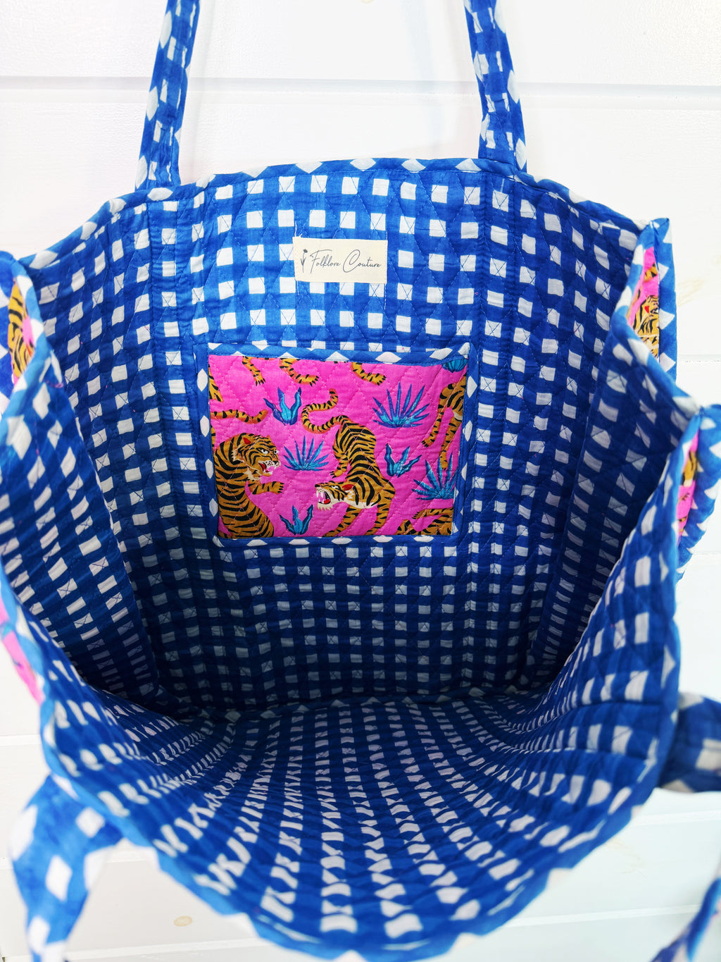 Quilted Cotton Reversible Large Tote Bag - Pink and Blue Tiger Print