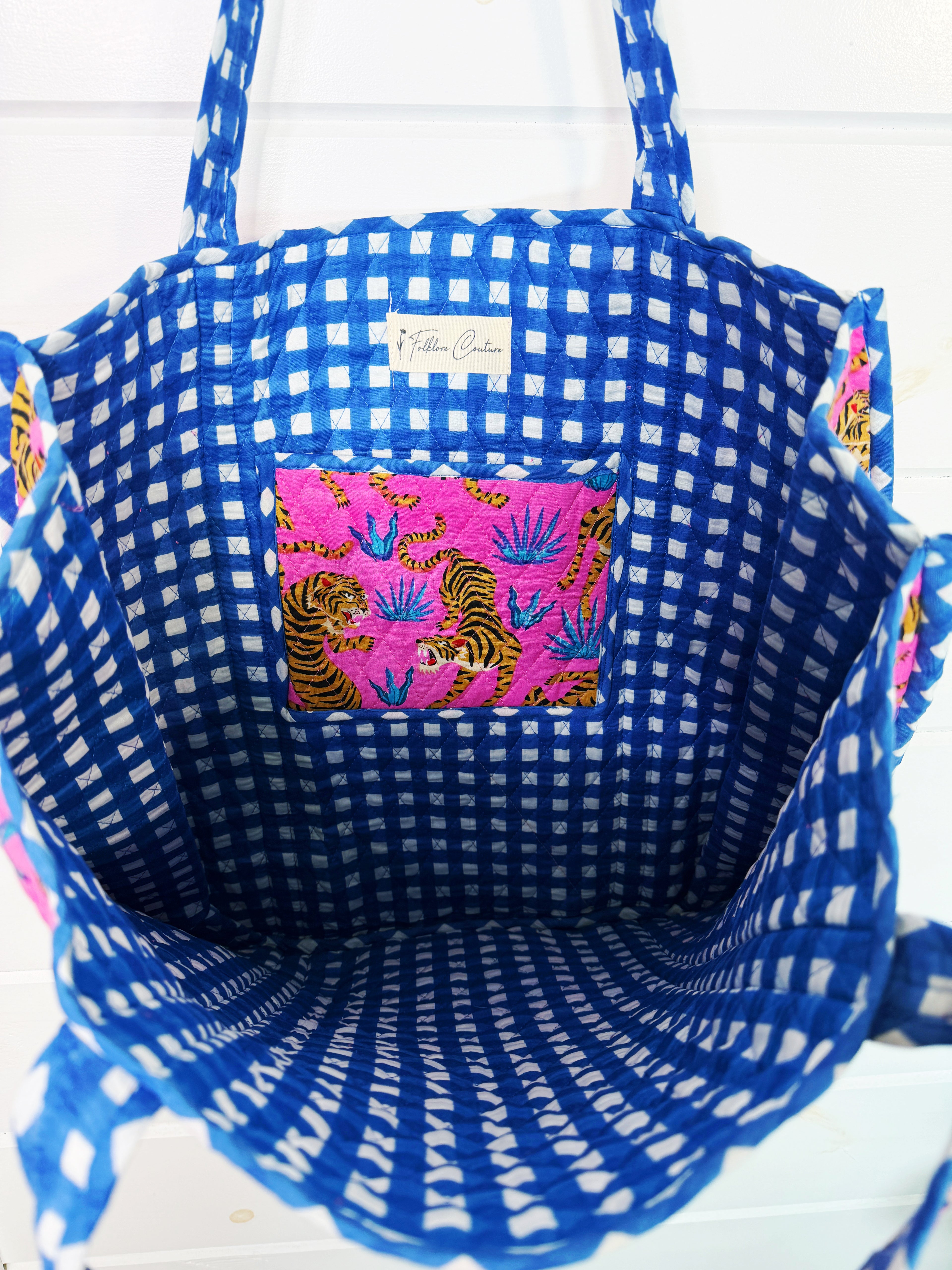 Quilted Cotton Reversible Large Tote Bag - Pink and Blue Tiger Print