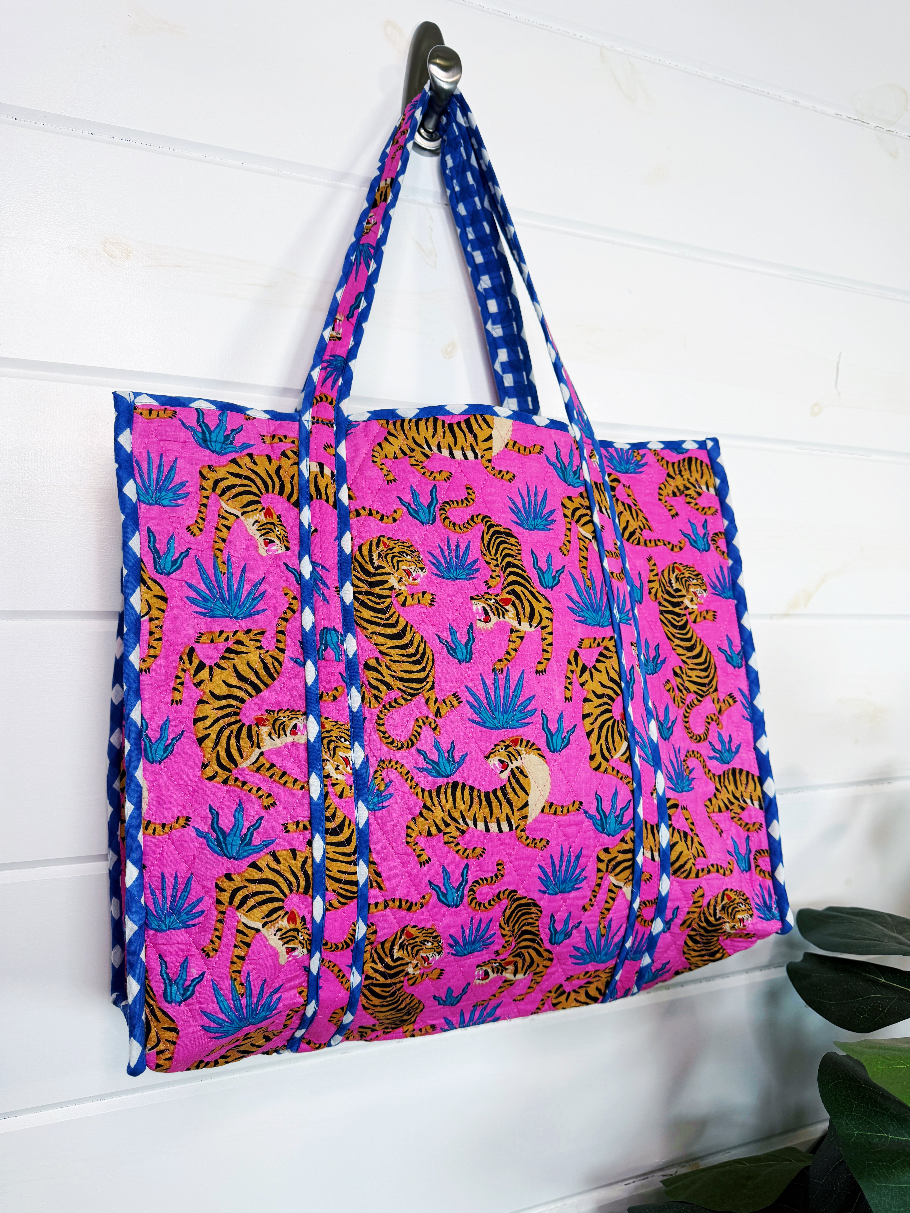 Quilted Cotton Reversible Large Tote Bag - Pink and Blue Tiger Print