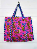 Quilted Cotton Reversible Large Tote Bag - Pink and Blue Tiger Print