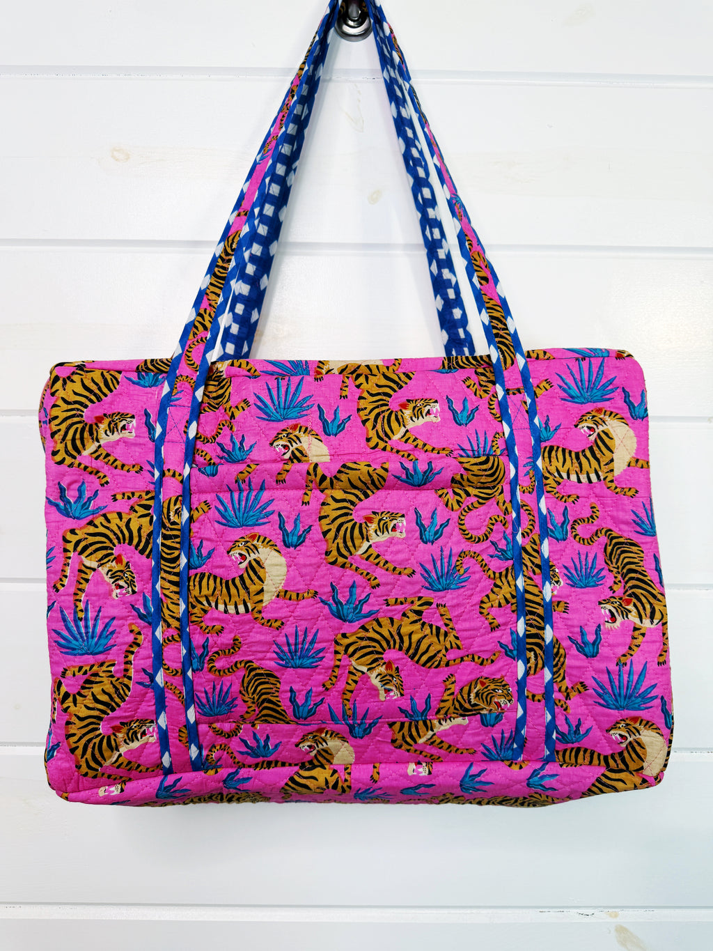 Quilted Weekender Duffle Overnight Bag - Pink and Blue Tiger Print