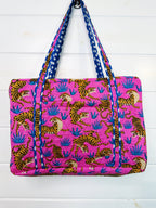Quilted Weekender Duffle Overnight Bag - Pink and Blue Tiger Print