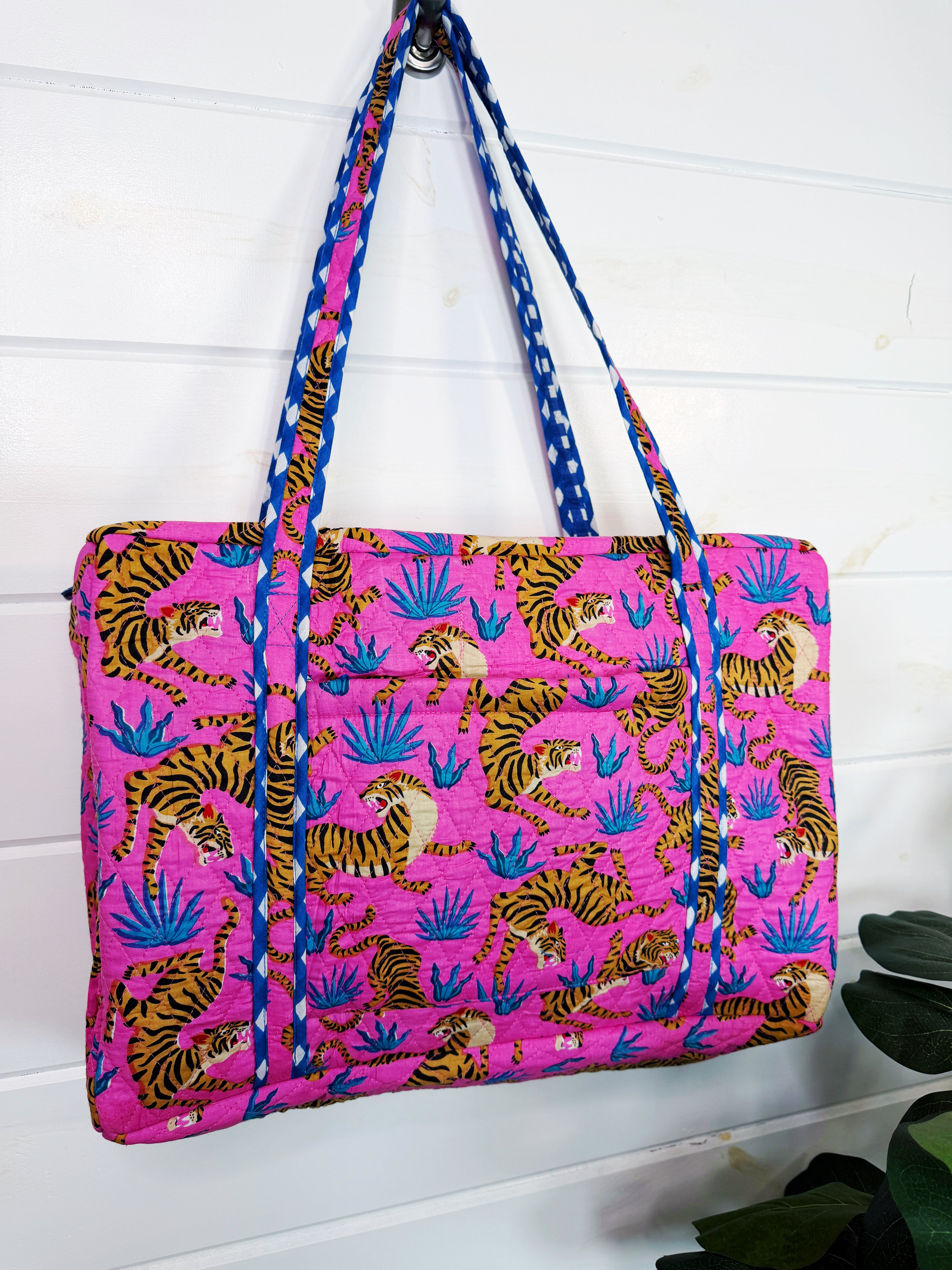 Quilted Weekender Duffle Overnight Bag - Pink and Blue Tiger Print