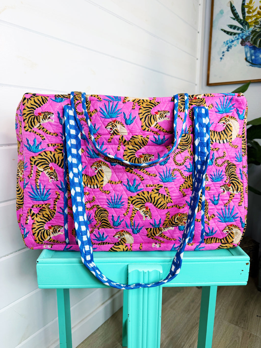 Quilted Weekender Duffle Overnight Bag - Pink and Blue Tiger Print