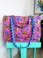 Quilted Weekender Duffle Overnight Bag - Pink and Blue Tiger Print