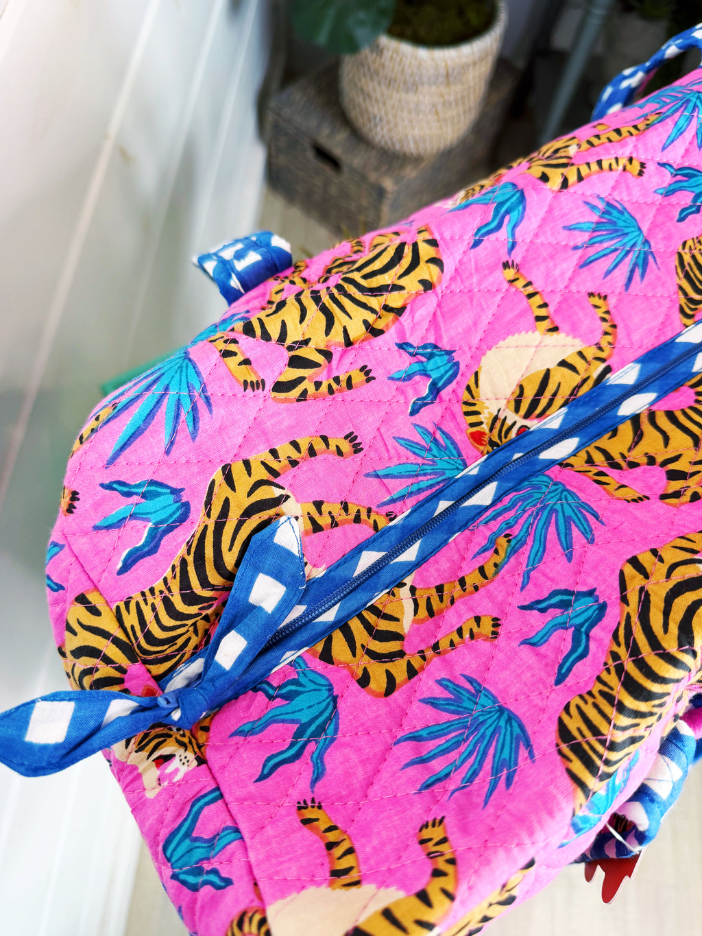 Quilted Weekender Duffle Overnight Bag - Pink and Blue Tiger Print