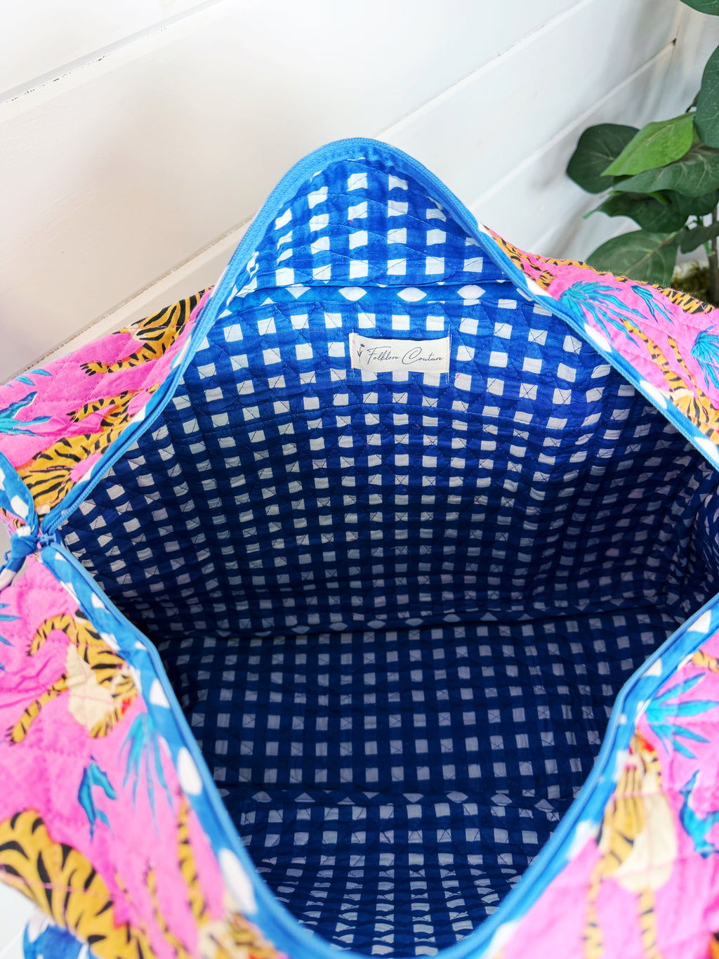 Quilted Weekender Duffle Overnight Bag - Pink and Blue Tiger Print