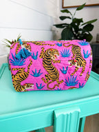 Quilted Makeup Cosmetics Toiletry Bag - Pink and Blue Tiger Print