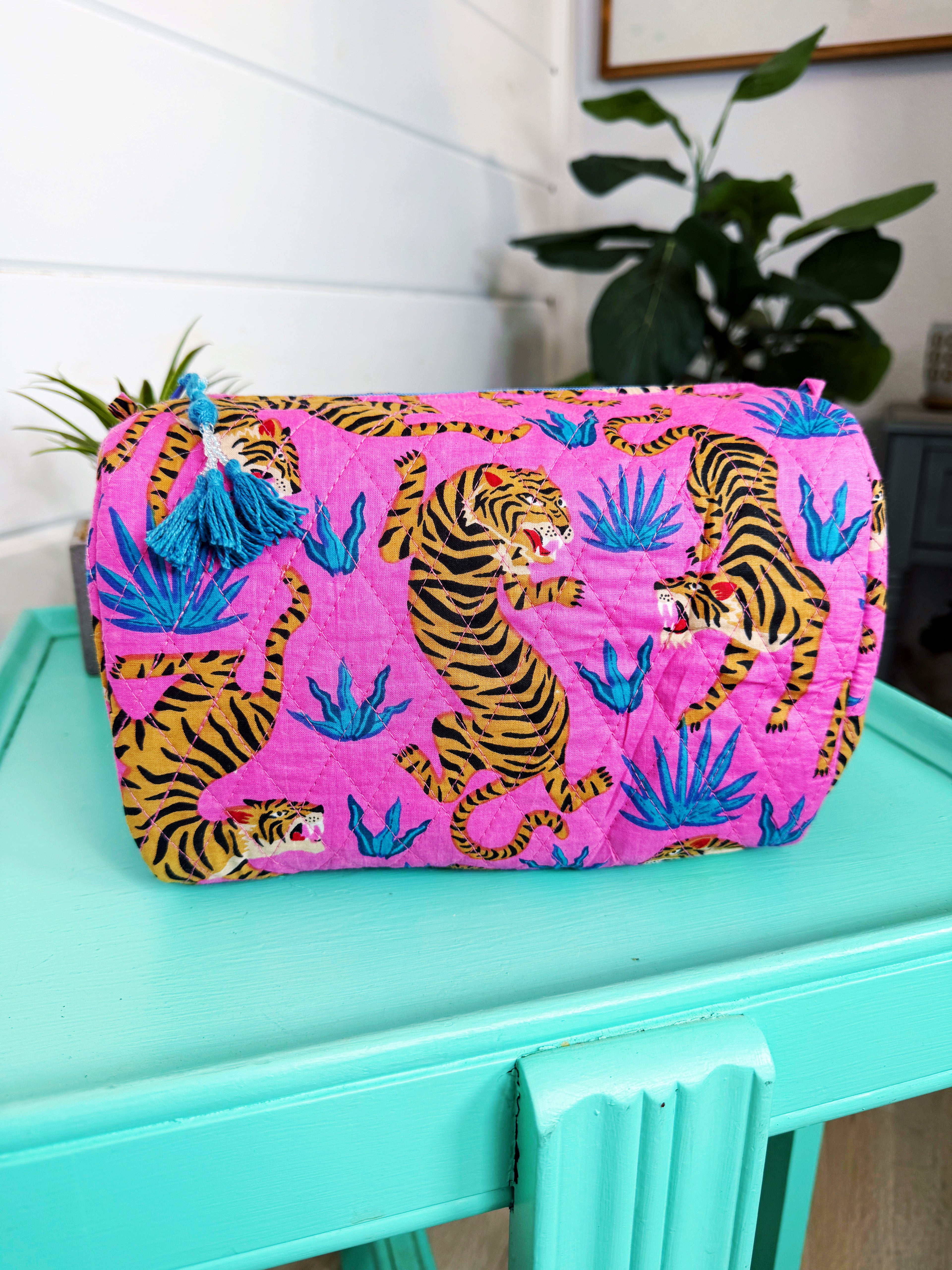 Quilted Makeup Cosmetics Toiletry Bag - Pink and Blue Tiger Print