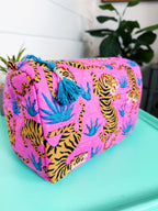 Quilted Makeup Cosmetics Toiletry Bag - Pink and Blue Tiger Print