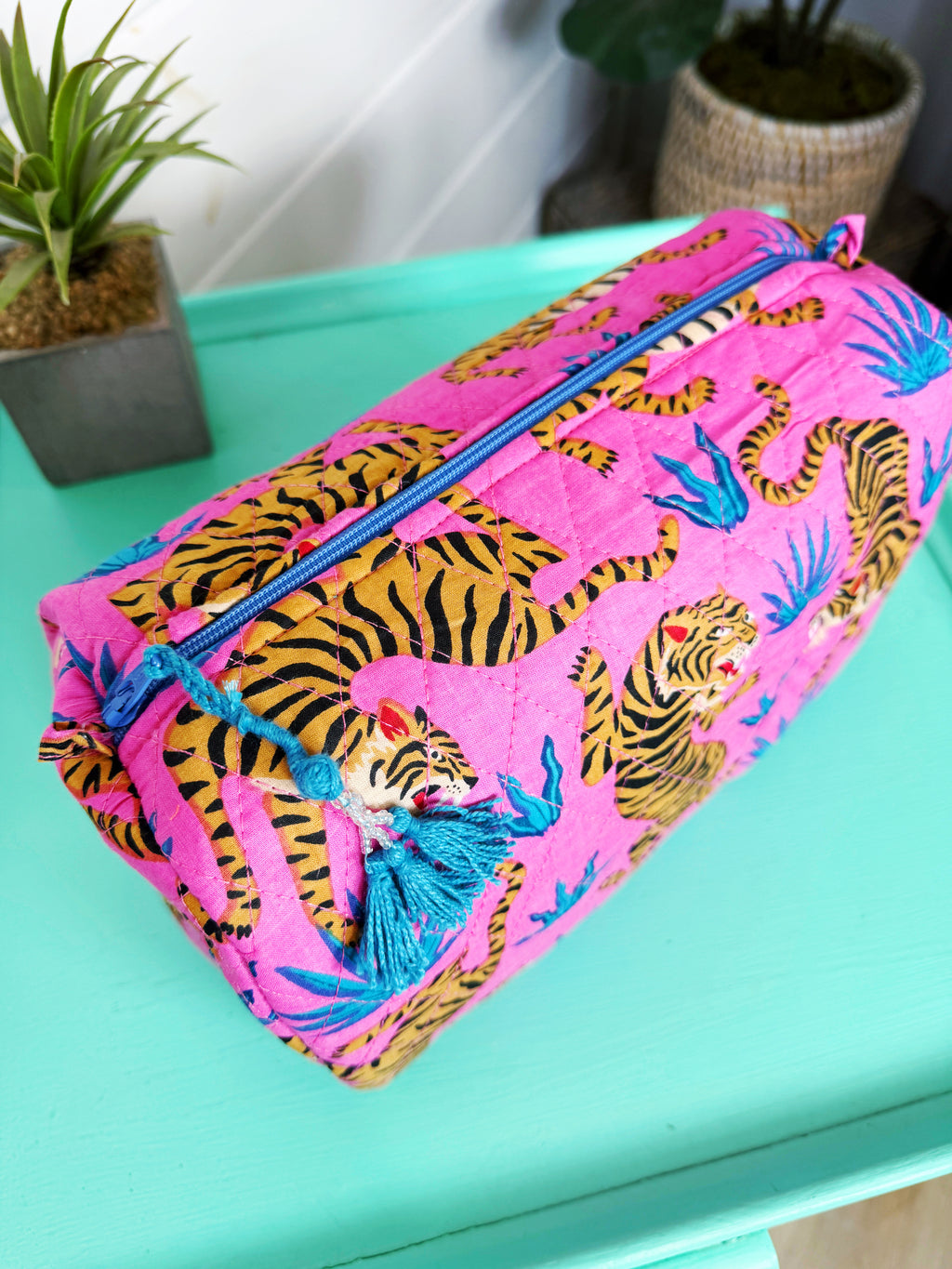 Quilted Makeup Cosmetics Toiletry Bag - Pink and Blue Tiger Print