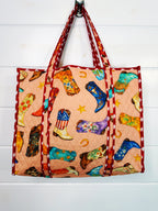 Quilted Cotton Reversible Large Tote Bag - Peach Cowboy Boot Print
