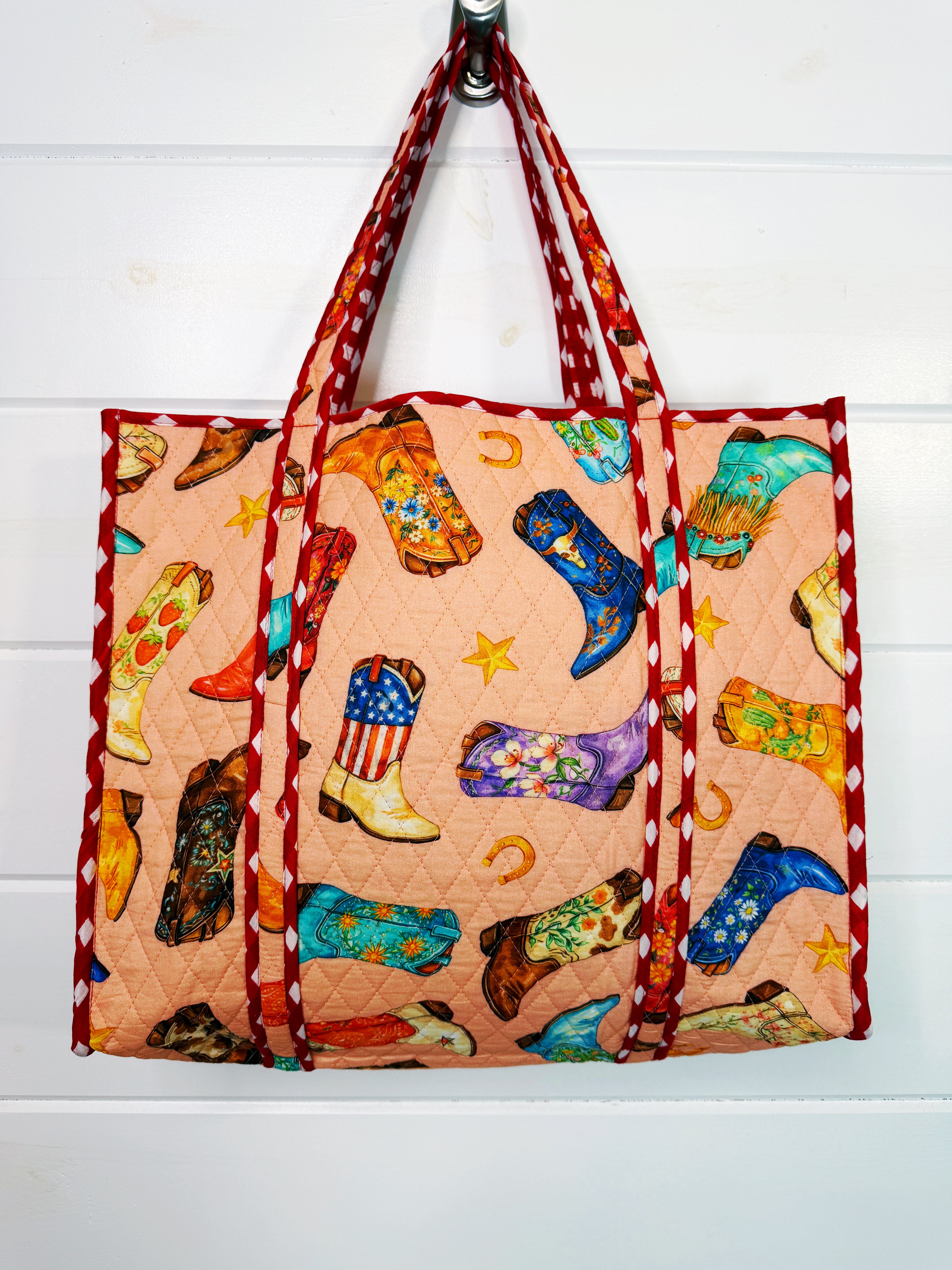 Quilted Cotton Reversible Large Tote Bag - Peach Cowboy Boot Print