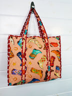 Quilted Cotton Reversible Large Tote Bag - Peach Cowboy Boot Print