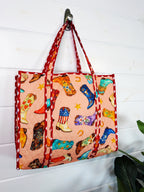 Quilted Cotton Reversible Large Tote Bag - Peach Cowboy Boot Print