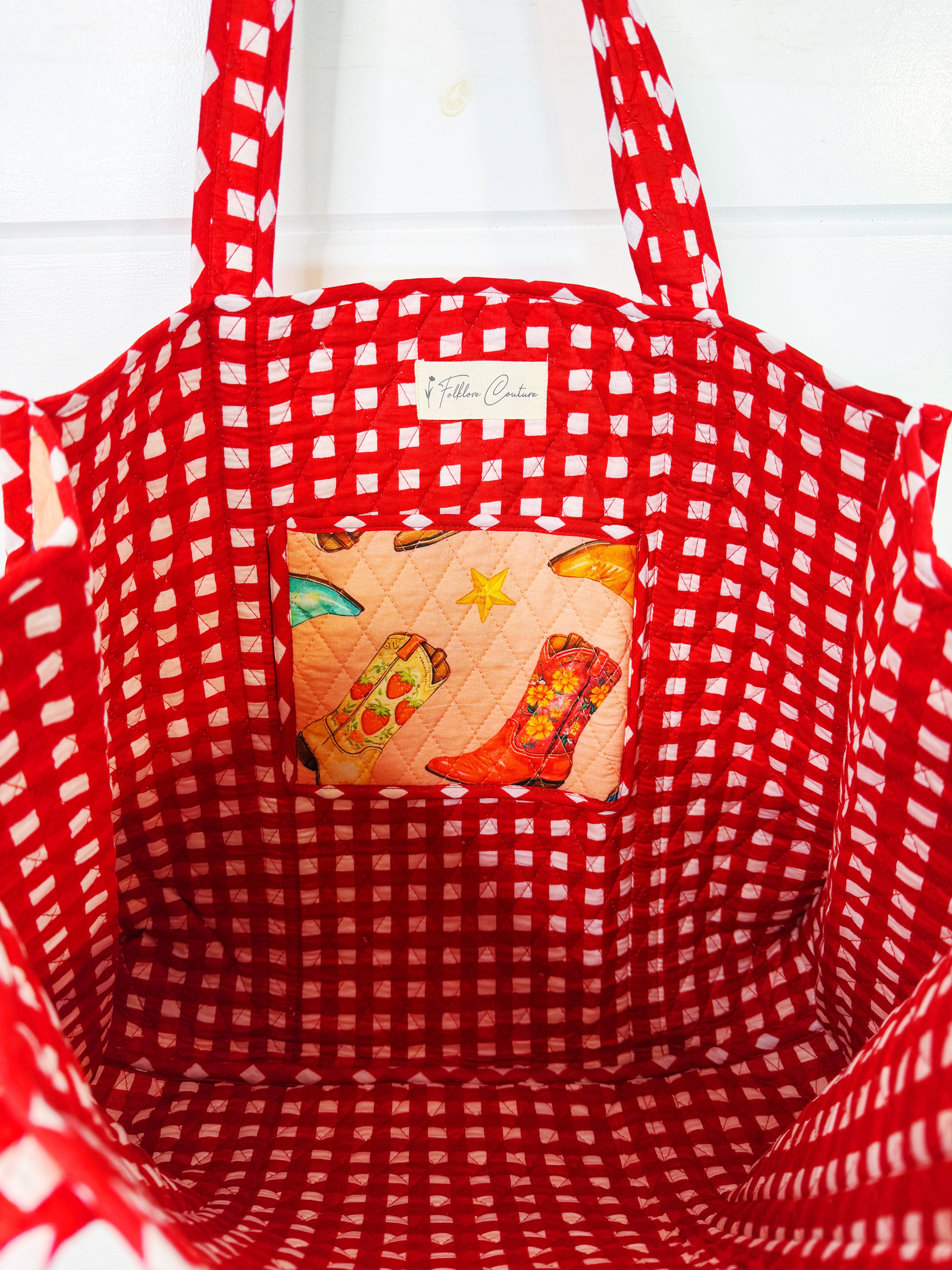 Quilted Cotton Reversible Large Tote Bag - Peach Cowboy Boot Print
