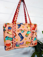 Quilted Weekender Duffle Overnight Bag - Peach Cowboy Boot Print