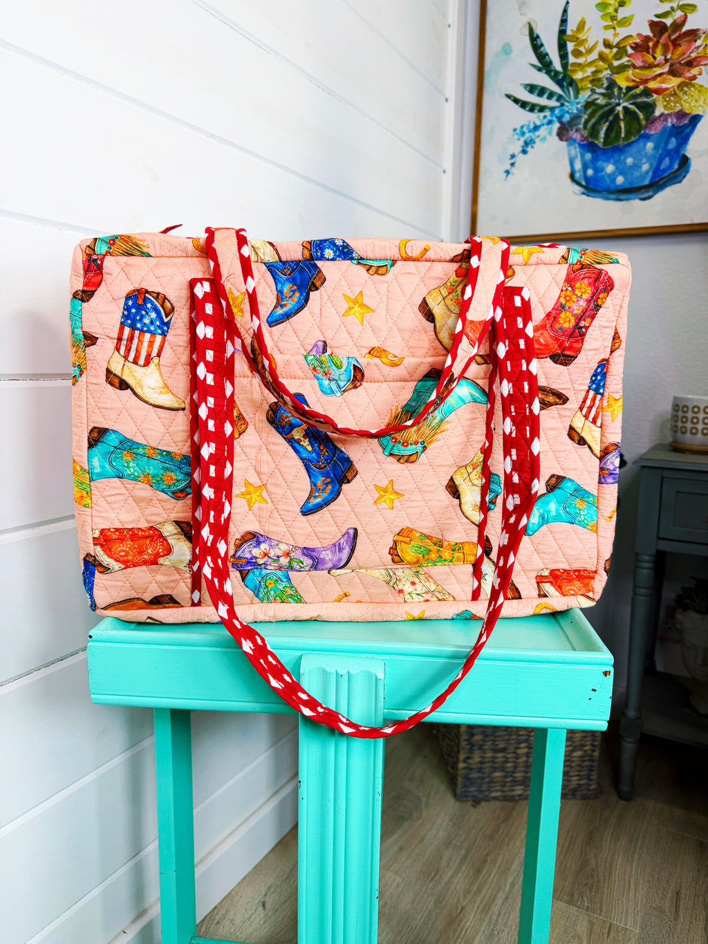 Quilted Weekender Duffle Overnight Bag - Peach Cowboy Boot Print
