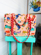 Quilted Weekender Duffle Overnight Bag - Peach Cowboy Boot Print