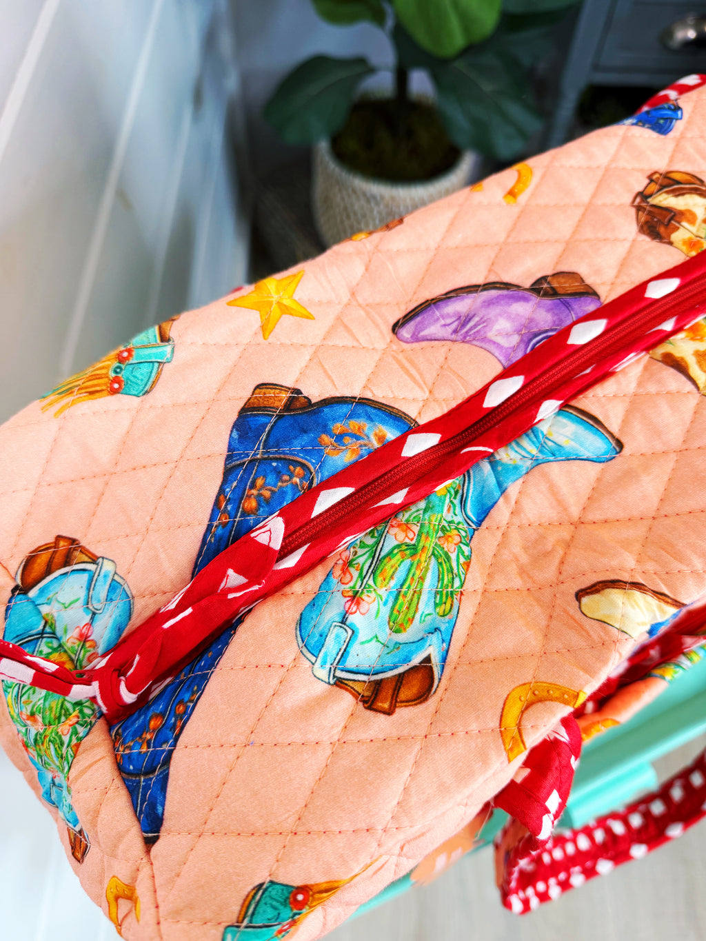 Quilted Weekender Duffle Overnight Bag - Peach Cowboy Boot Print