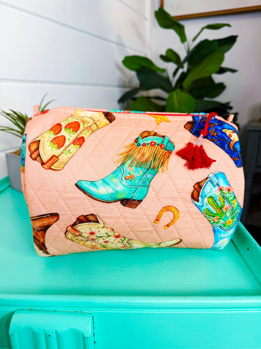 Quilted Makeup Cosmetics Toiletry Bag - Peach Cowboy Boot Print