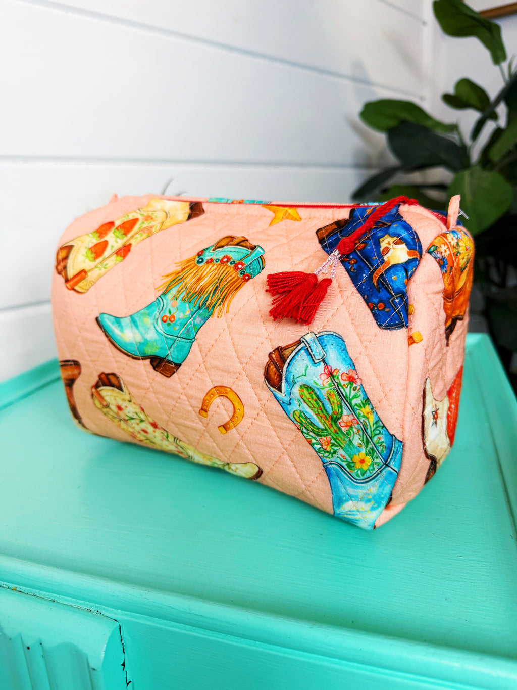 Quilted Makeup Cosmetics Toiletry Bag - Peach Cowboy Boot Print