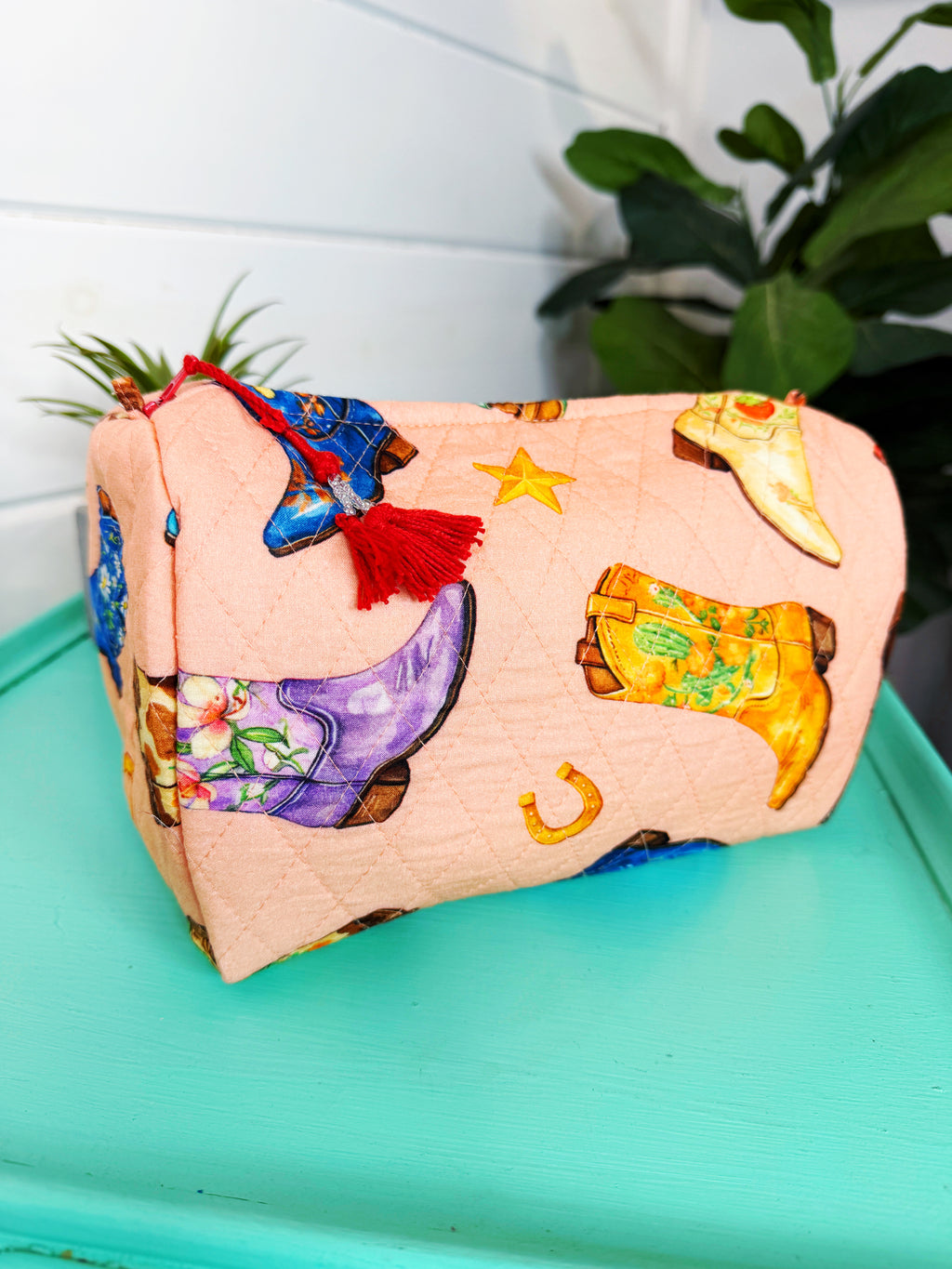 Quilted Makeup Cosmetics Toiletry Bag - Peach Cowboy Boot Print