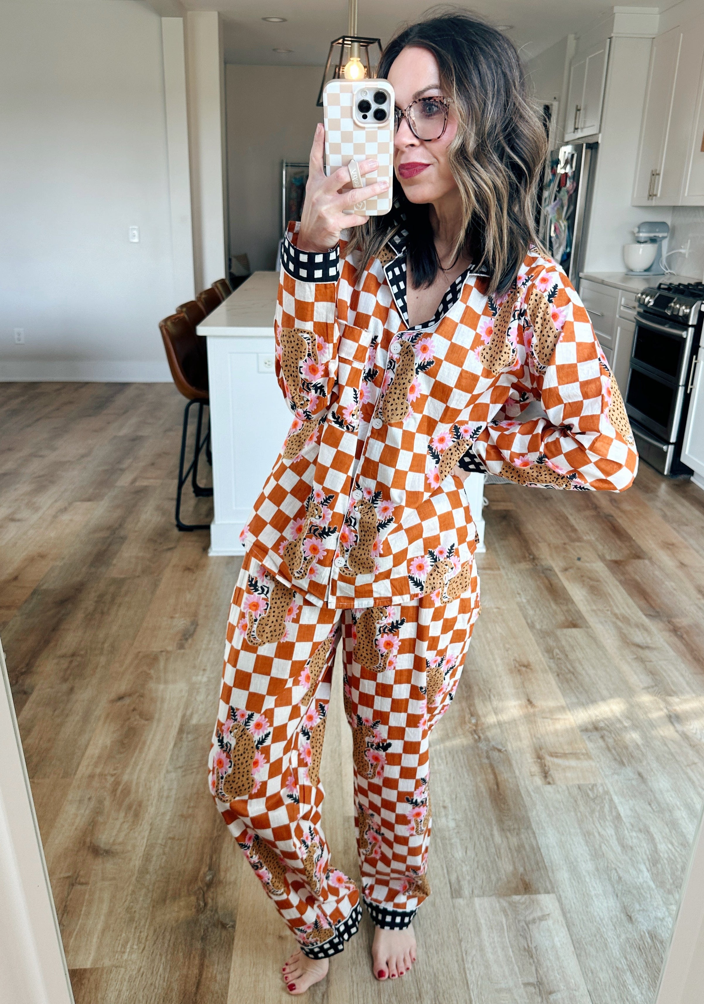 Women's Cotton Pajama Set - Gold Checkered Jaguar Print