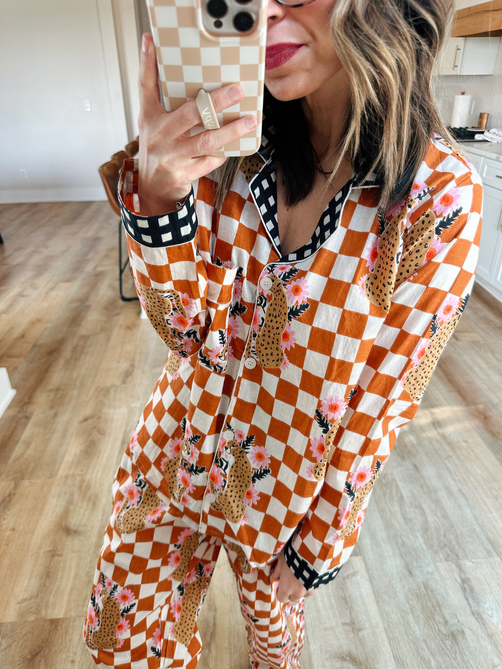 Women's Cotton Pajama Set - Gold Checkered Jaguar Print