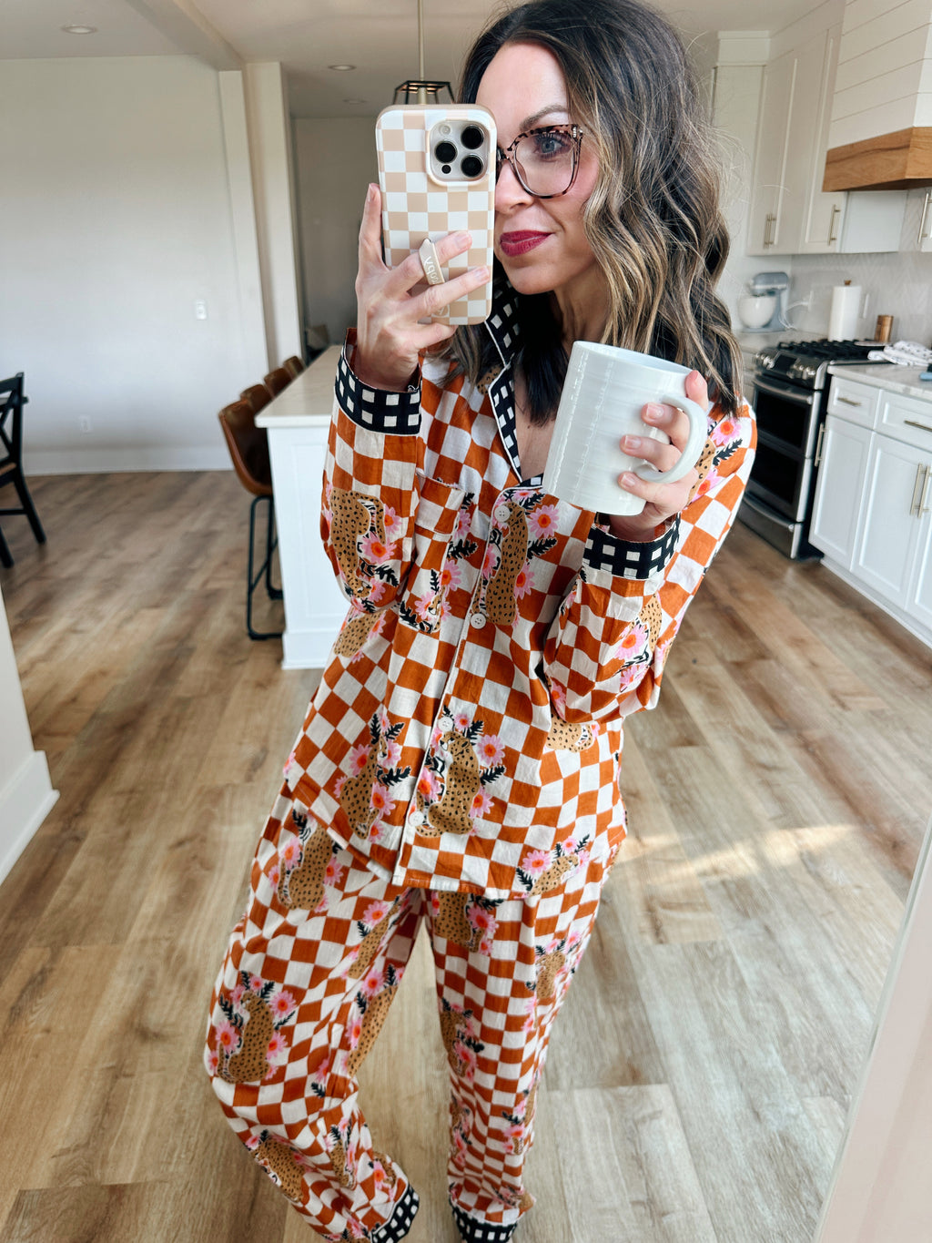 Women's Cotton Pajama Set - Gold Checkered Jaguar Print
