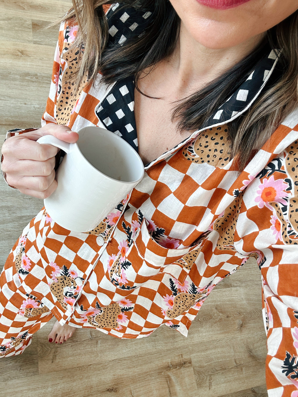 Women's Cotton Pajama Set - Gold Checkered Jaguar Print