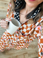 Women's Cotton Pajama Set - Gold Checkered Jaguar Print