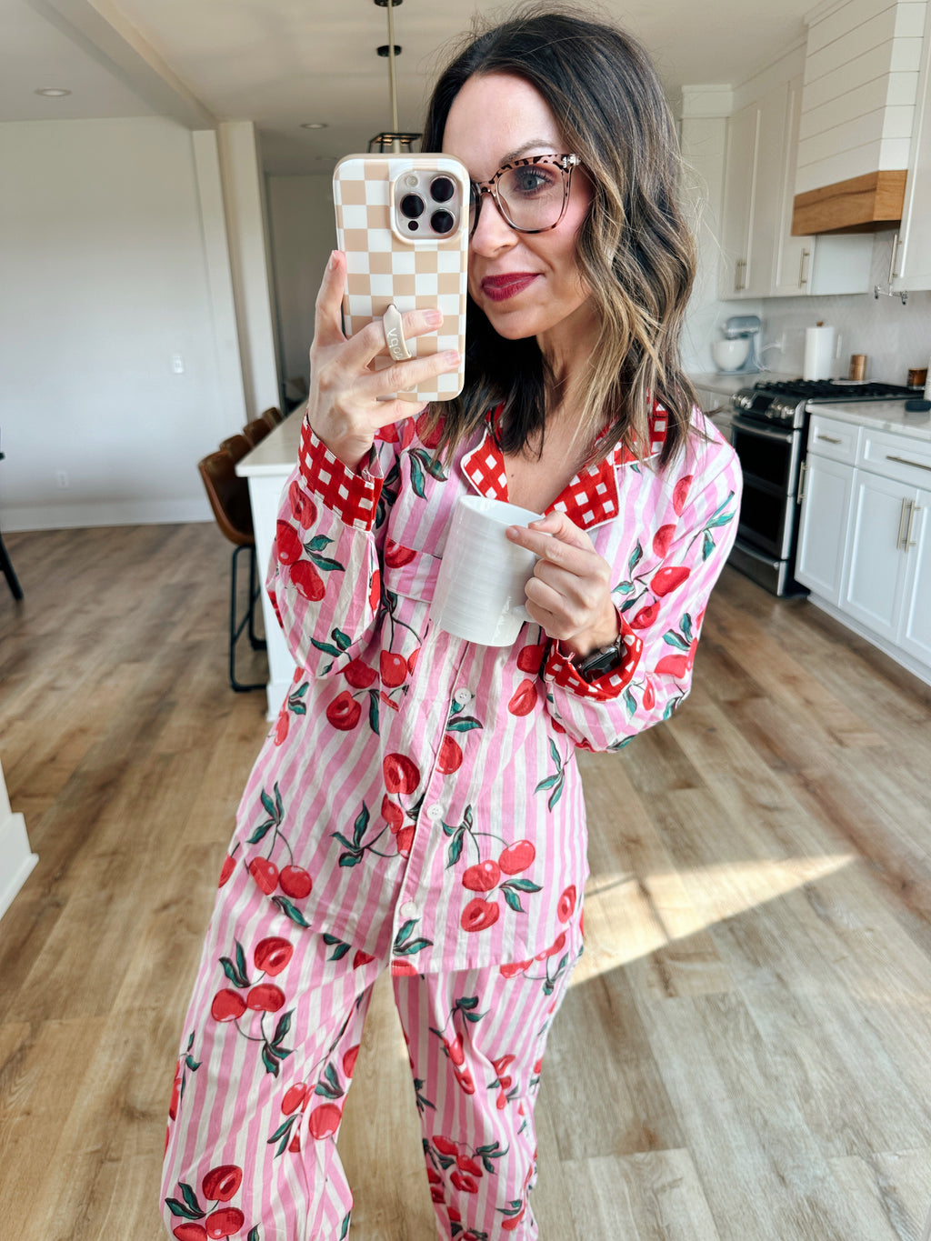 Women's Cotton Pajama Set - Pink Striped Cherry Print