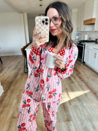Women's Cotton Pajama Set - Pink Striped Cherry Print