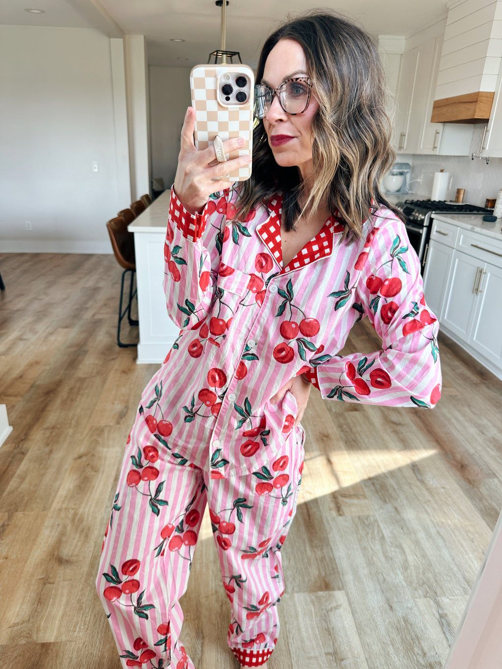 Women's Cotton Pajama Set - Pink Striped Cherry Print